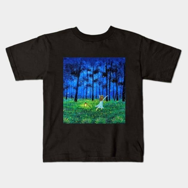 Fireflies in forest and a little girl Kids T-Shirt by Starlight Tales